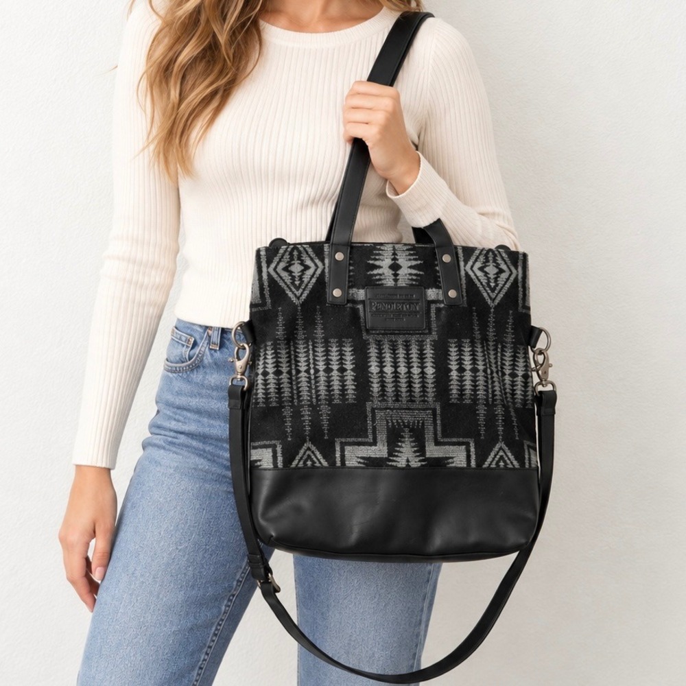 PENDLETON | Long Tote Foldover Bag Crossbody Wool Leather Harding Black Gray